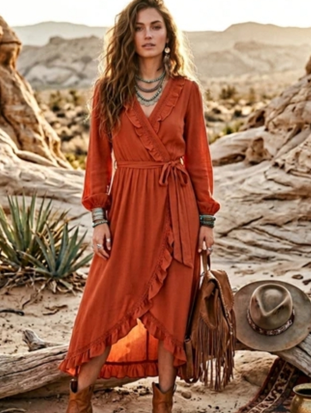 Simplee Rust Colored Frill Trim Belted Faux Wrap Boho Chic Dress Size S
